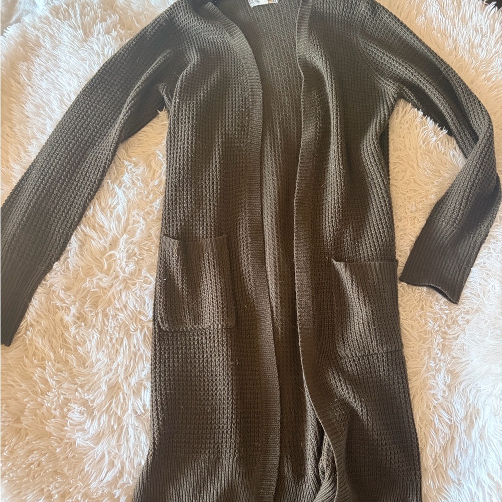 Long Open-Front Cardigan with Patch Pockets - Olive